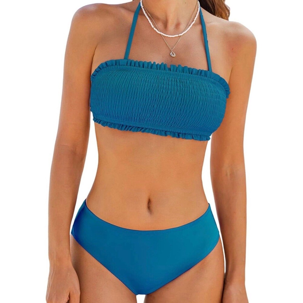 CUPSHE Bikini Two Piece Bandeau Top Back Tie Mid Waisted w/ Removable Straps NWT
